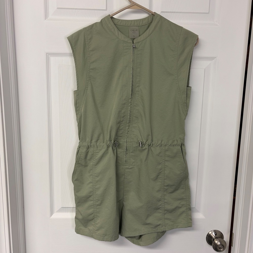 CALIA Womens Sage Green Utility Sleeveless Zip Front Romper WAX15028 Small